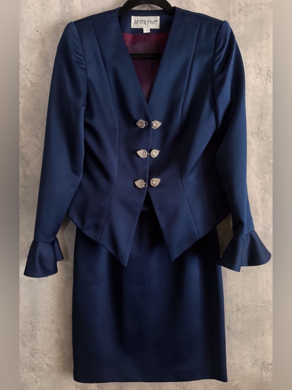 VTG AFTER FIVE Formal Navy Blue 2pc Peplum Ruffled Cuff Blazer Pencil Skirt Sz 4